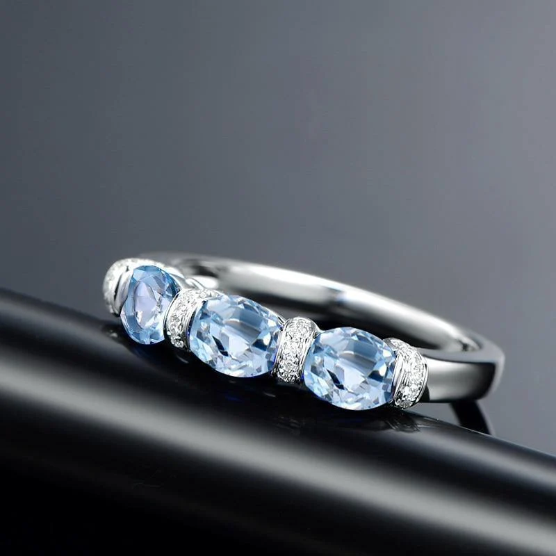 Ring mit 3 Steinen, 925er-Silber, 1.5 Karat, ovaler Schliff, himmelblauer natürlicher Topas, Band für Damen, Verlobung, Hochzeit
