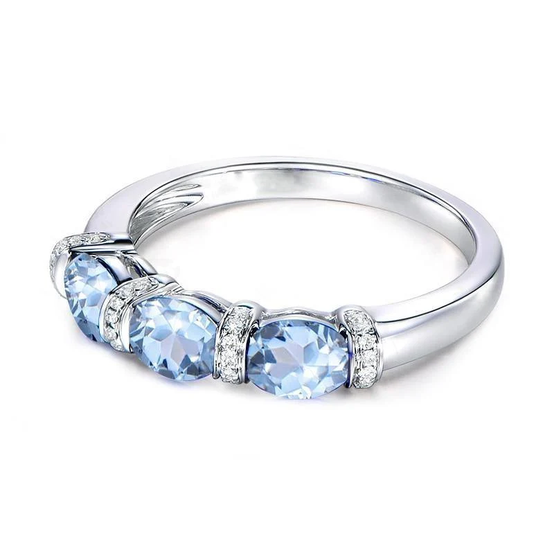 Ring mit 3 Steinen, 925er-Silber, 1.5 Karat, ovaler Schliff, himmelblauer natürlicher Topas, Band für Damen, Verlobung, Hochzeit