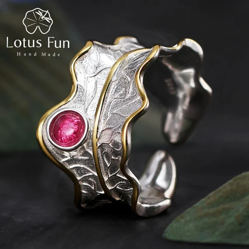 Ring aus 925er Sterlingsilber, natürlicher Turmalin, handgefertigt, Designer-Edelschmuck, verstellbare Blattringe