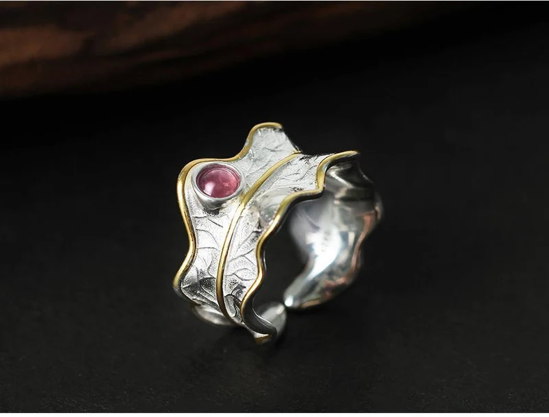 Ring aus 925er Sterlingsilber, natürlicher Turmalin, handgefertigt, Designer-Edelschmuck, verstellbare Blattringe
