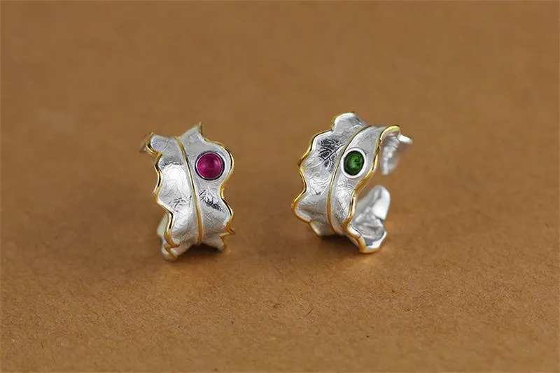 Ring aus 925er Sterlingsilber, natürlicher Turmalin, handgefertigt, Designer-Edelschmuck, verstellbare Blattringe