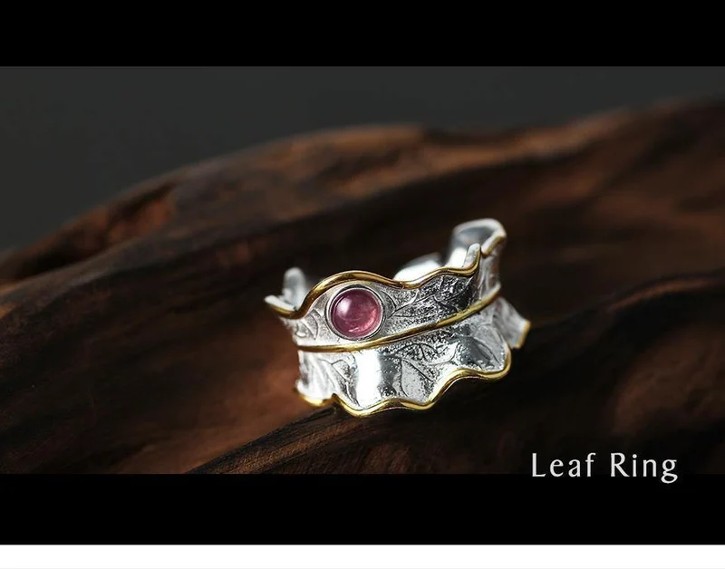 Ring aus 925er Sterlingsilber, natürlicher Turmalin, handgefertigt, Designer-Edelschmuck, verstellbare Blattringe