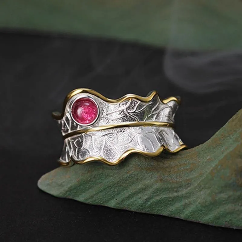 Ring aus 925er Sterlingsilber, natürlicher Turmalin, handgefertigt, Designer-Edelschmuck, verstellbare Blattringe