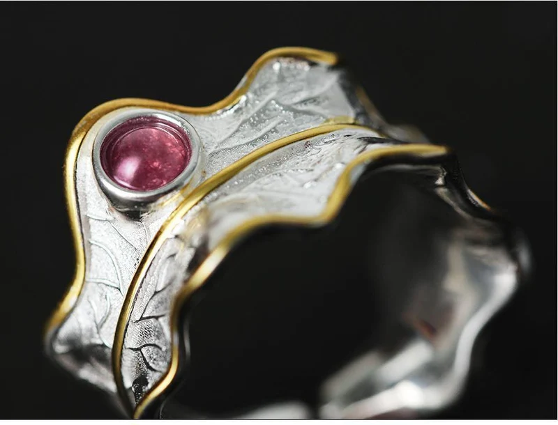 Ring aus 925er Sterlingsilber, natürlicher Turmalin, handgefertigt, Designer-Edelschmuck, verstellbare Blattringe
