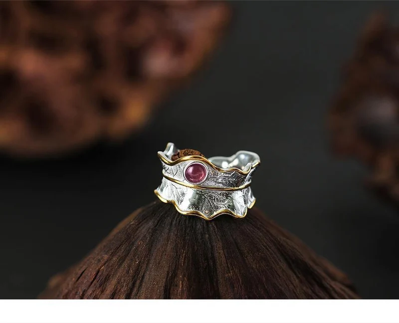 Ring aus 925er Sterlingsilber, natürlicher Turmalin, handgefertigt, Designer-Edelschmuck, verstellbare Blattringe