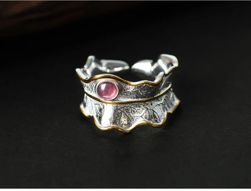 Ring aus 925er Sterlingsilber, natürlicher Turmalin, handgefertigt, Designer-Edelschmuck, verstellbare Blattringe