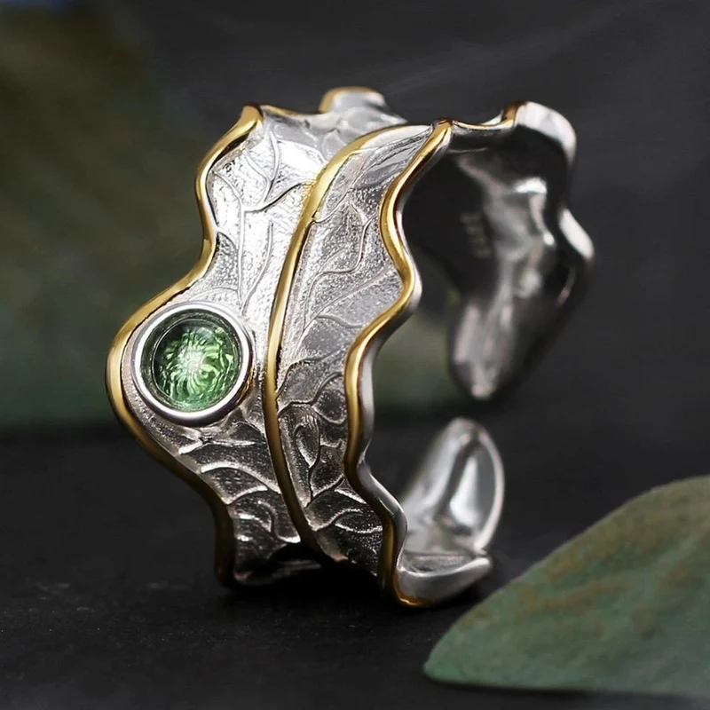 Ring aus 925er Sterlingsilber, natürlicher Turmalin, handgefertigt, Designer-Edelschmuck, verstellbare Blattringe