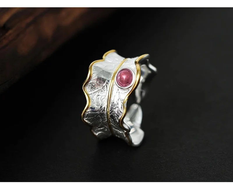 Ring aus 925er Sterlingsilber, natürlicher Turmalin, handgefertigt, Designer-Edelschmuck, verstellbare Blattringe