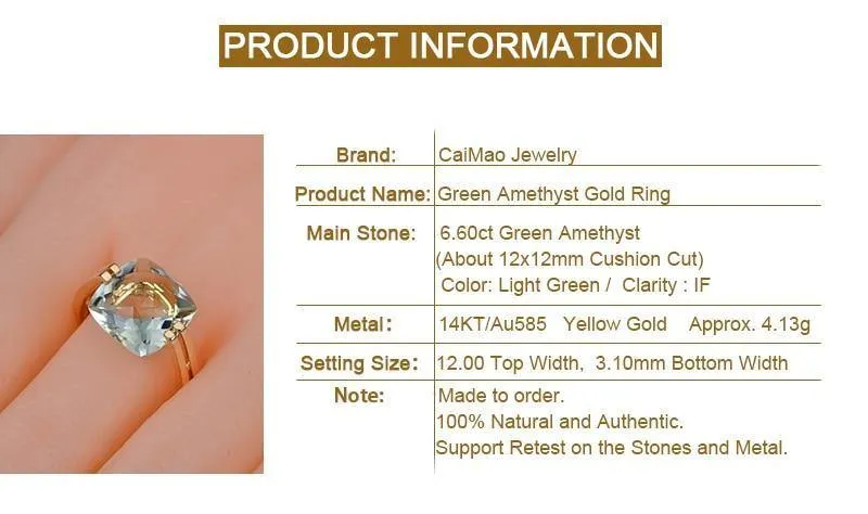 Schmuck 6.6 ct natürliches quadratisches Kissen grüner Amethyst 14 Karat Gold Ring kostenloser Versand