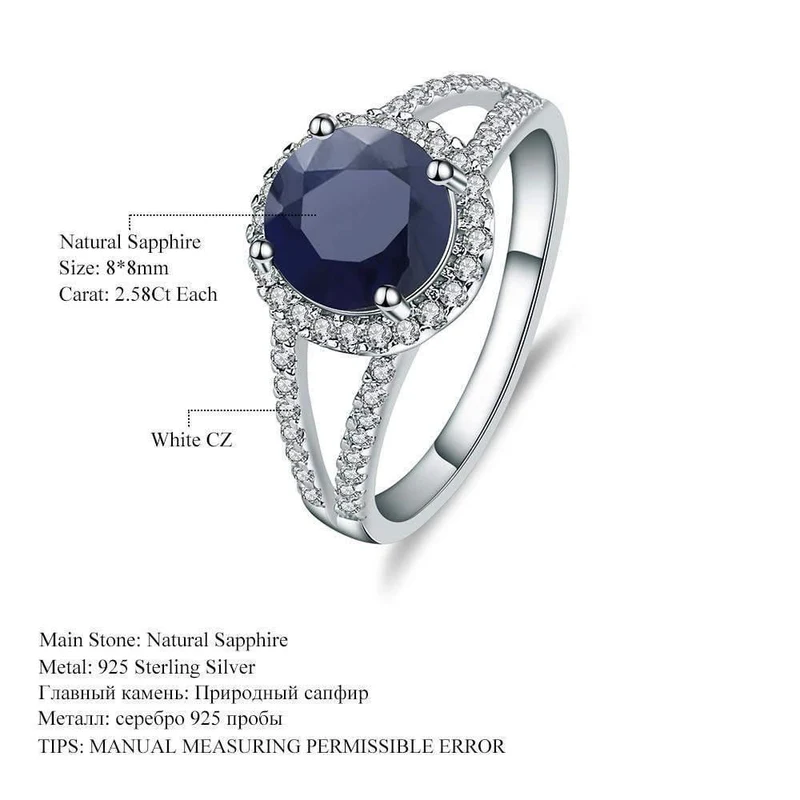 2.58 ct runder natürlicher blauer Saphir-Edelstein-Cocktailring aus 925er-Sterlingsilber, edler Schmuck