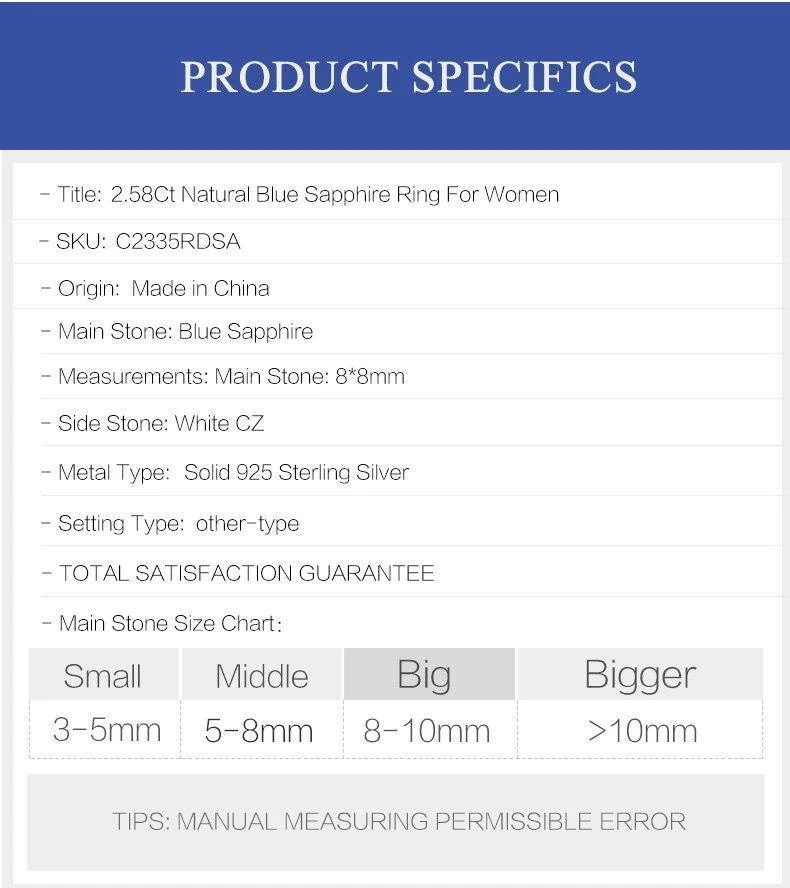 2.58 ct runder natürlicher blauer Saphir-Edelstein-Cocktailring aus 925er-Sterlingsilber, edler Schmuck