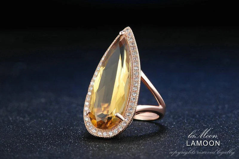 Edelstein Natürlicher Tropfen Citrin 925 Sterling Silber Cocktailring Damenschmuck Roségold Farbe