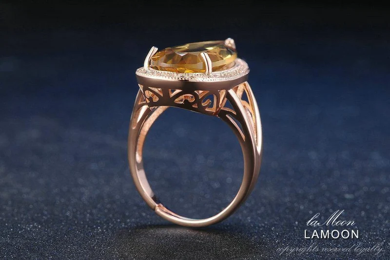 Edelstein Natürlicher Tropfen Citrin 925 Sterling Silber Cocktailring Damenschmuck Roségold Farbe