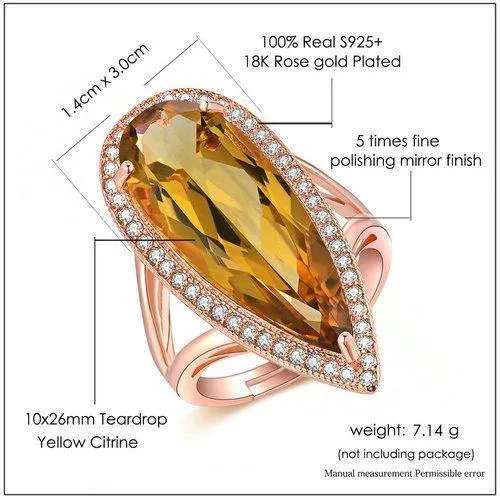Edelstein Natürlicher Tropfen Citrin 925 Sterling Silber Cocktailring Damenschmuck Roségold Farbe