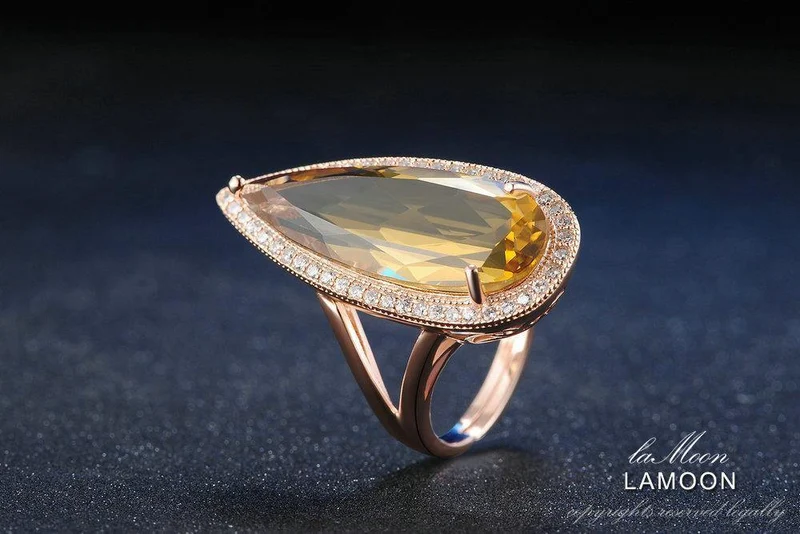Edelstein Natürlicher Tropfen Citrin 925 Sterling Silber Cocktailring Damenschmuck Roségold Farbe
