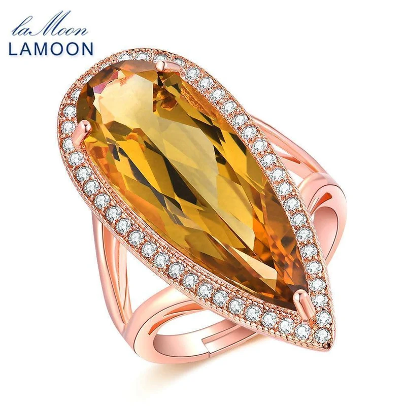 Edelstein Natürlicher Tropfen Citrin 925 Sterling Silber Cocktailring Damenschmuck Roségold Farbe