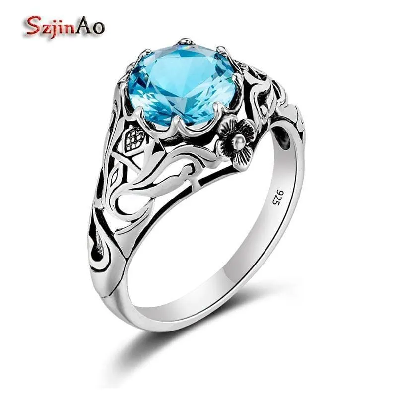 Punk Hohe Qualität 2.1 ct Aquamarin 925 Sterling Silber Ringe für Frauen Vintage Luxus Marke Schmuck