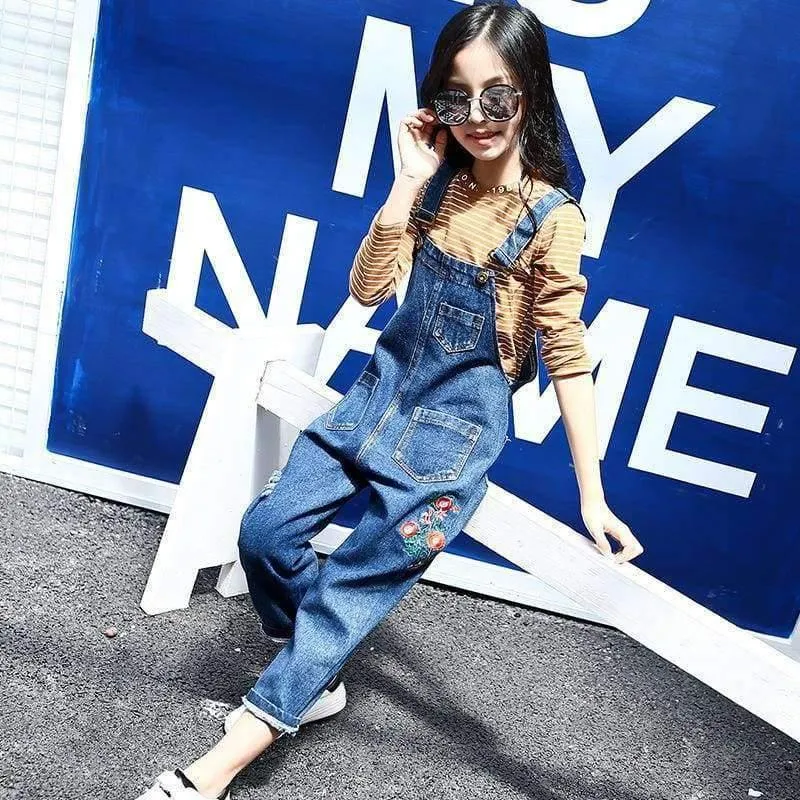 Enfant Fille Teenager-Mädchen-Kleidungsset für 5 6 7 8 9 10 11 12 13 Jahre, gestreiftes T-Shirt + bestickte Denim-Overalls