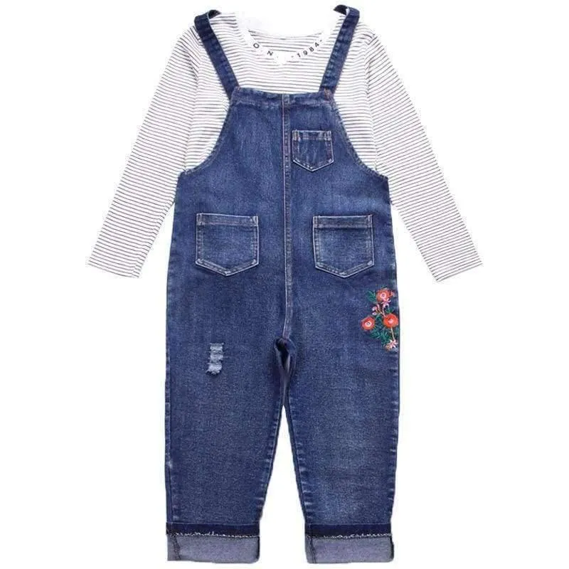 Enfant Fille Teenager-Mädchen-Kleidungsset für 5 6 7 8 9 10 11 12 13 Jahre, gestreiftes T-Shirt + bestickte Denim-Overalls
