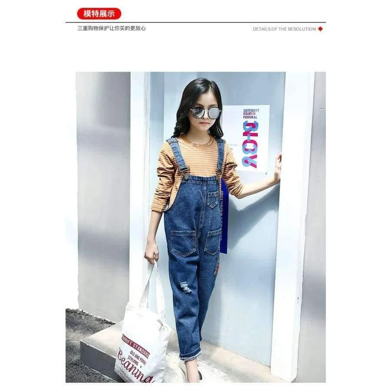 Enfant Fille Teenager-Mädchen-Kleidungsset für 5 6 7 8 9 10 11 12 13 Jahre, gestreiftes T-Shirt + bestickte Denim-Overalls
