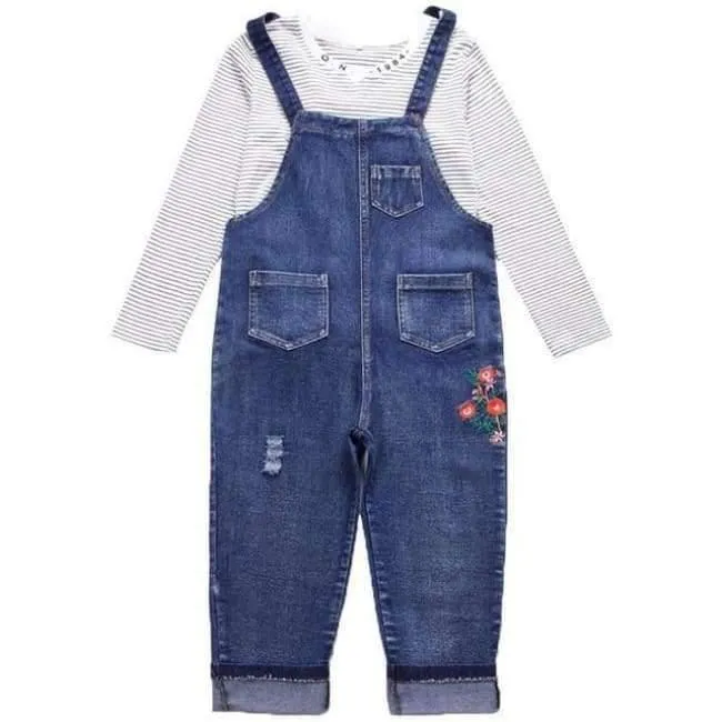 Enfant Fille Teenager-Mädchen-Kleidungsset für 5 6 7 8 9 10 11 12 13 Jahre, gestreiftes T-Shirt + bestickte Denim-Overalls