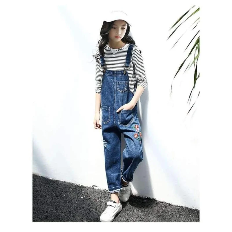 Enfant Fille Teenager-Mädchen-Kleidungsset für 5 6 7 8 9 10 11 12 13 Jahre, gestreiftes T-Shirt + bestickte Denim-Overalls