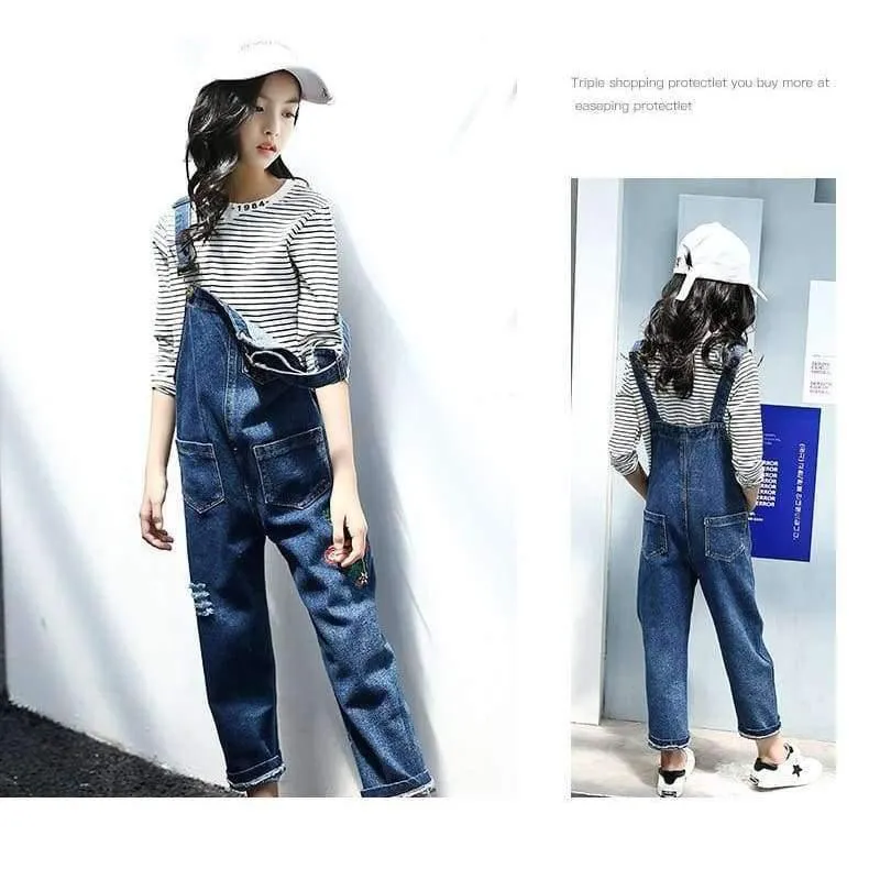 Enfant Fille Teenager-Mädchen-Kleidungsset für 5 6 7 8 9 10 11 12 13 Jahre, gestreiftes T-Shirt + bestickte Denim-Overalls