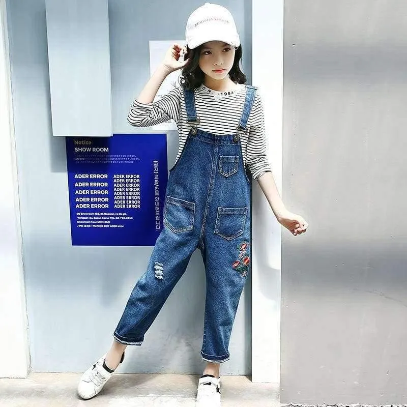 Enfant Fille Teenager-Mädchen-Kleidungsset für 5 6 7 8 9 10 11 12 13 Jahre, gestreiftes T-Shirt + bestickte Denim-Overalls