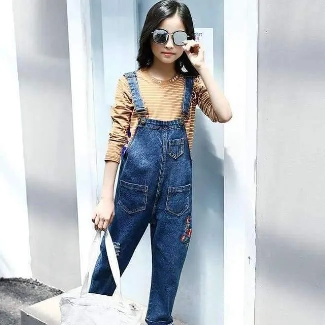 Enfant Fille Teenager-Mädchen-Kleidungsset für 5 6 7 8 9 10 11 12 13 Jahre, gestreiftes T-Shirt + bestickte Denim-Overalls