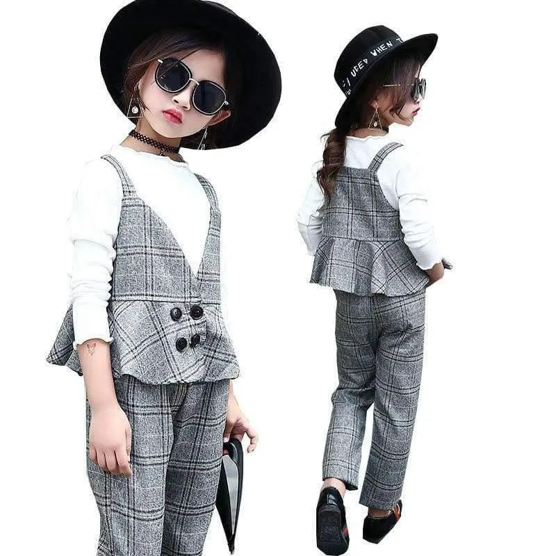 Teenager-Mädchen-Kleidungsset, Kinder-Trainingsanzug für Mädchen, Sportanzug, Schuluniform, karierte Mädchenkleidung, Frühling, 3-teilige Kinderkleidung