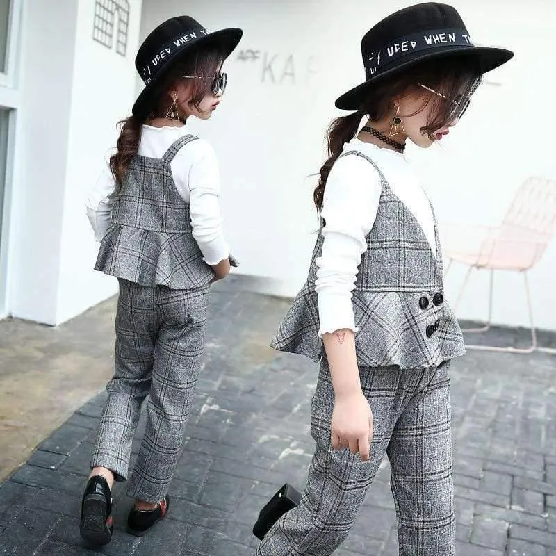 Teenager-Mädchen-Kleidungsset, Kinder-Trainingsanzug für Mädchen, Sportanzug, Schuluniform, karierte Mädchenkleidung, Frühling, 3-teilige Kinderkleidung