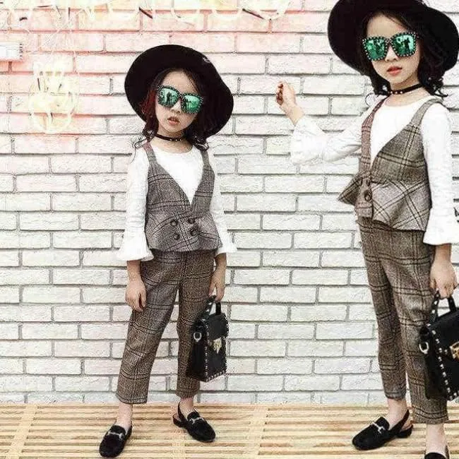 Teenager-Mädchen-Kleidungsset, Kinder-Trainingsanzug für Mädchen, Sportanzug, Schuluniform, karierte Mädchenkleidung, Frühling, 3-teilige Kinderkleidung