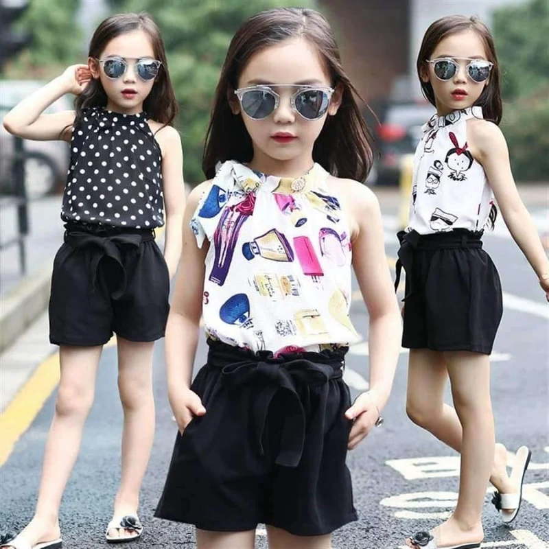 Teenager Mädchen Kleidung Sets Sommer Mädchen Kleidung Chiffon Ärmelloses Top + Shorts Gedruckt Muster Kinder Kleidung Kinder Kleidung