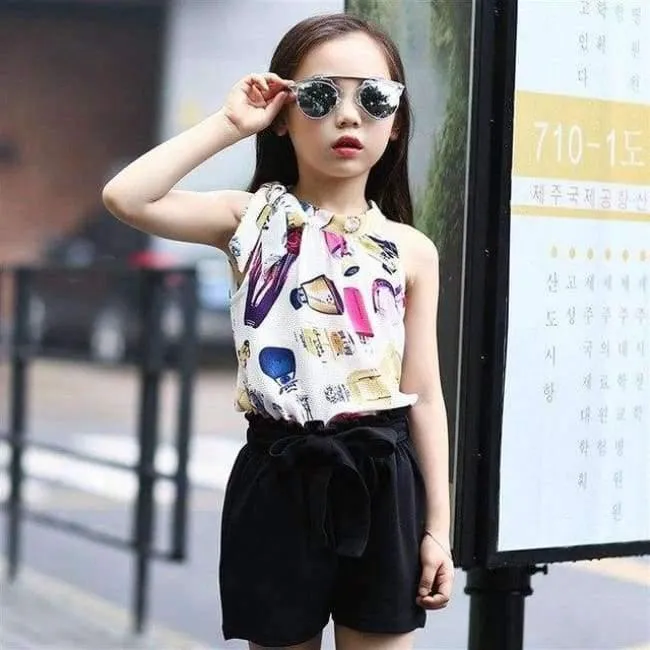 Teenager Mädchen Kleidung Sets Sommer Mädchen Kleidung Chiffon Ärmelloses Top + Shorts Gedruckt Muster Kinder Kleidung Kinder Kleidung