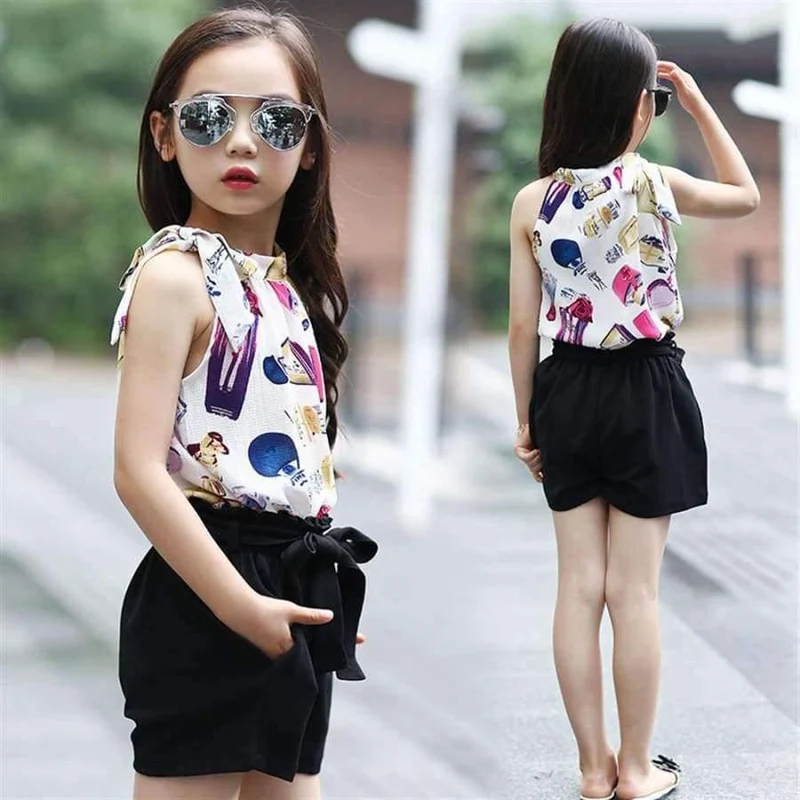 Teenager Mädchen Kleidung Sets Sommer Mädchen Kleidung Chiffon Ärmelloses Top + Shorts Gedruckt Muster Kinder Kleidung Kinder Kleidung