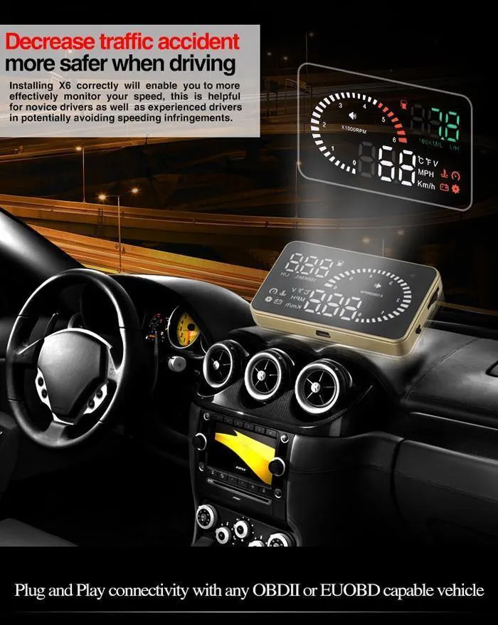 X6 3-Zoll-Auto-HUD-Head-Up-Display OBD2 II Universal-Überdrehzahl-Warnsystem Projektor Windschutzscheibe Auto Elektronischer Spannungsalarm