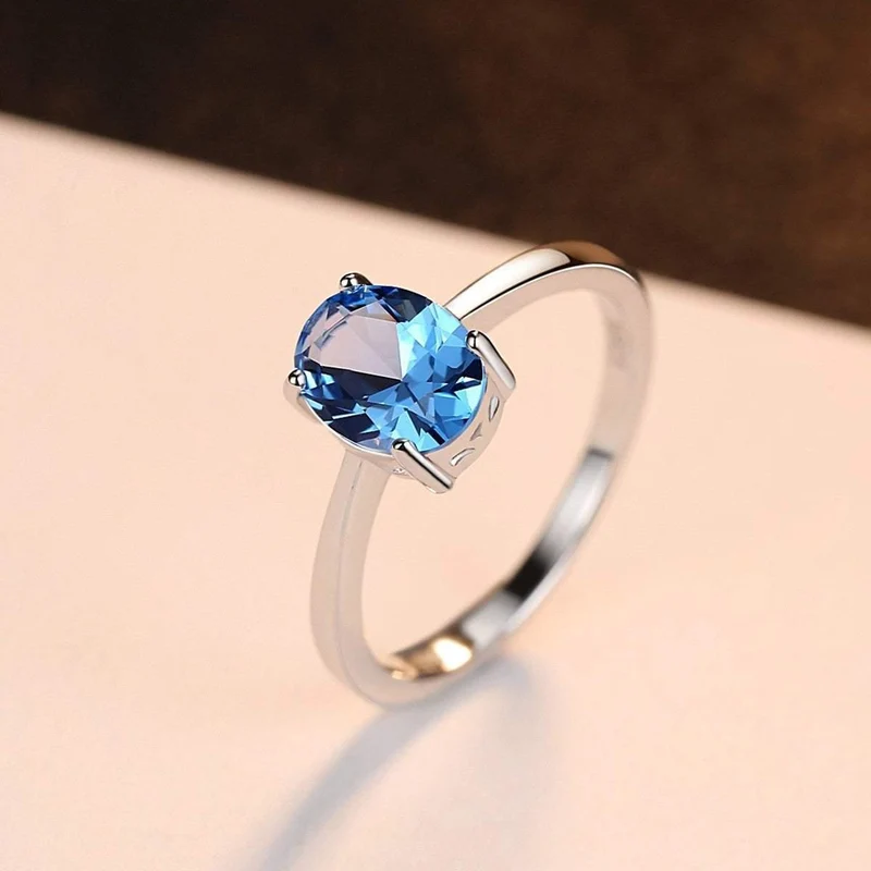 925 Sterling Silber Ringe Oval natürliche Paris Sky Blue Topas Ring Edelstein Aquamarin Kissen