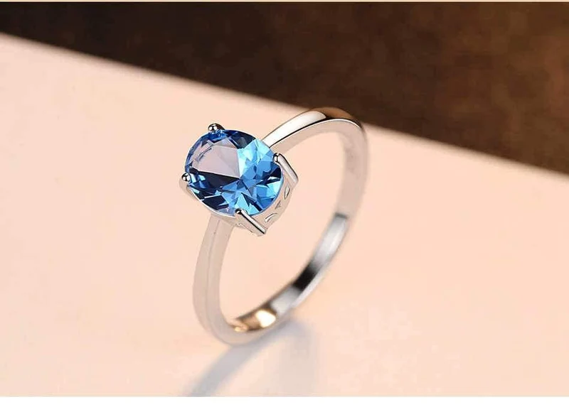 925 Sterling Silber Ringe Oval natürliche Paris Sky Blue Topas Ring Edelstein Aquamarin Kissen