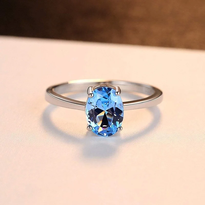 925 Sterling Silber Ringe Oval natürliche Paris Sky Blue Topas Ring Edelstein Aquamarin Kissen