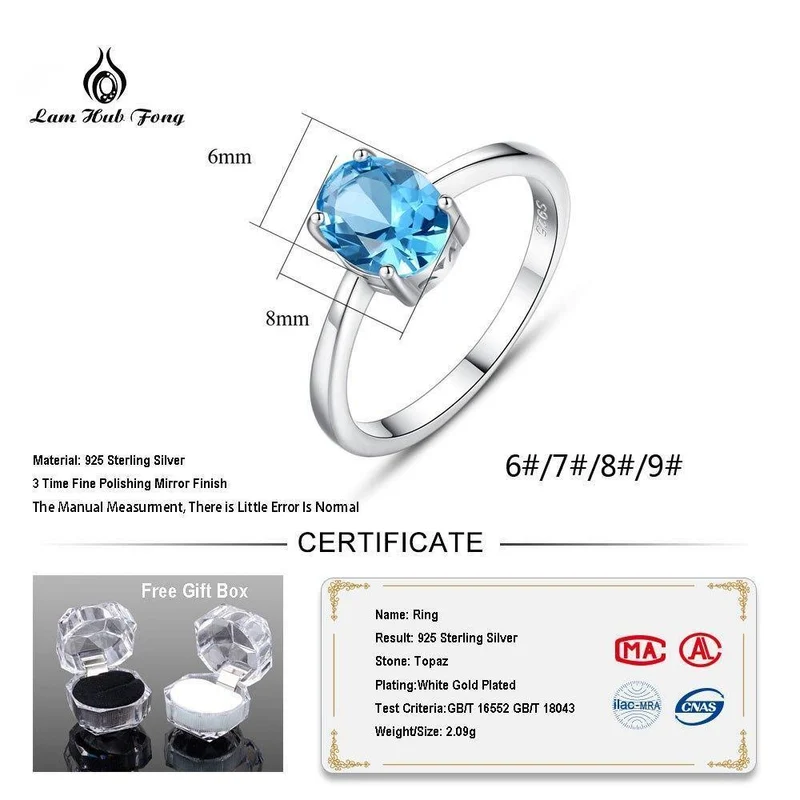 925 Sterling Silber Ringe Oval natürliche Paris Sky Blue Topas Ring Edelstein Aquamarin Kissen