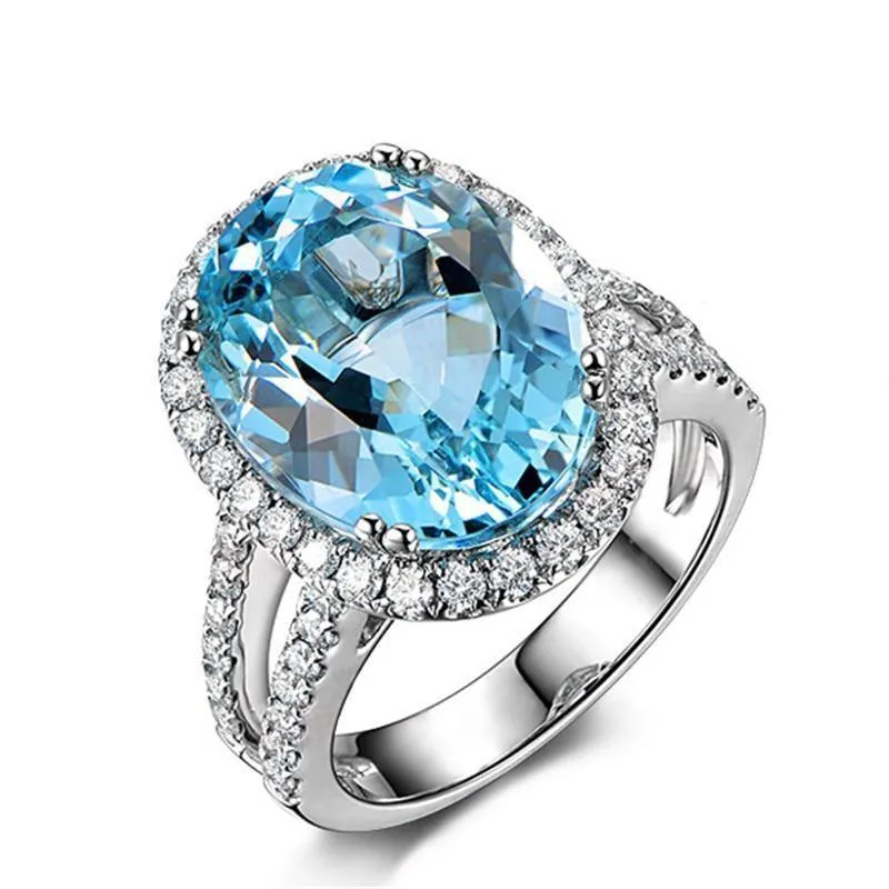 5.39ct Big Oval Topaz Halo Ring Echter himmelblauer Edelstein Topaz Ring 925 Sterling Silber Verlobungsring