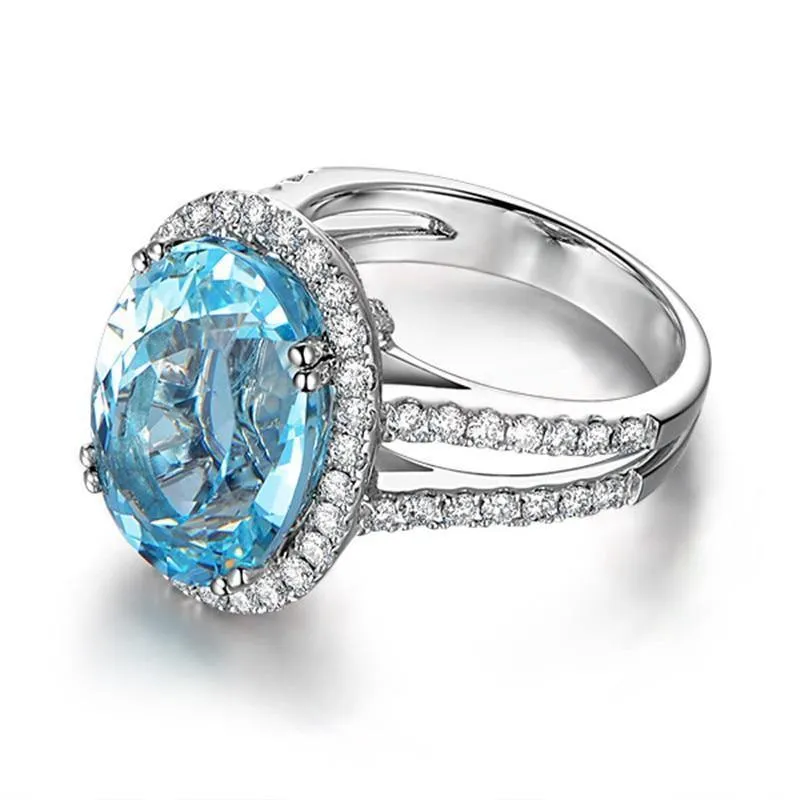 5.39ct Big Oval Topaz Halo Ring Echter himmelblauer Edelstein Topaz Ring 925 Sterling Silber Verlobungsring