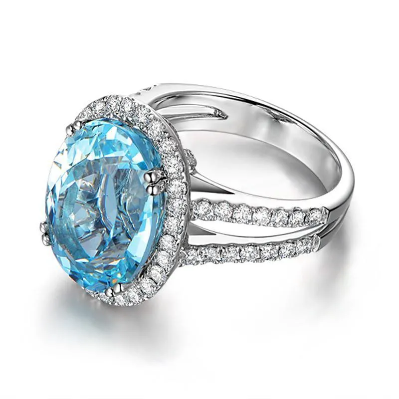 5.39ct Big Oval Topaz Halo Ring Echter himmelblauer Edelstein Topaz Ring 925 Sterling Silber Verlobungsring