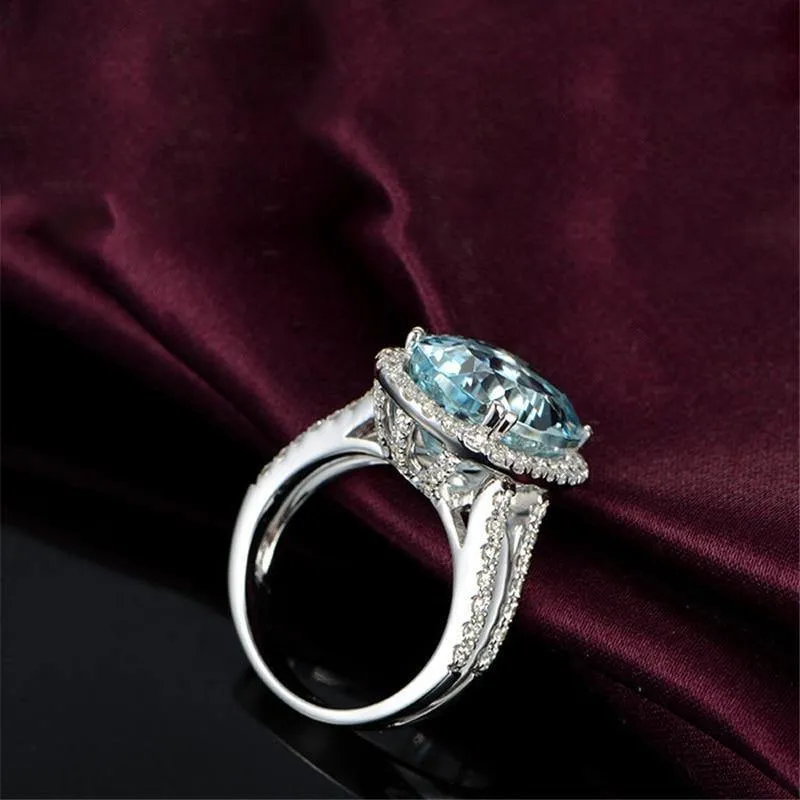 5.39ct Big Oval Topaz Halo Ring Echter himmelblauer Edelstein Topaz Ring 925 Sterling Silber Verlobungsring