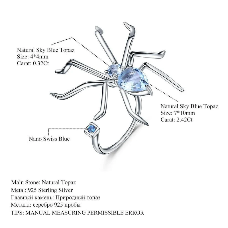 2.74Ct Natürliche Sky Blue Topaz Offenen Ring 925 Sterling Splitter Vintage Gothic Punk Ring Für Frauen Partei Edlen Schmuck