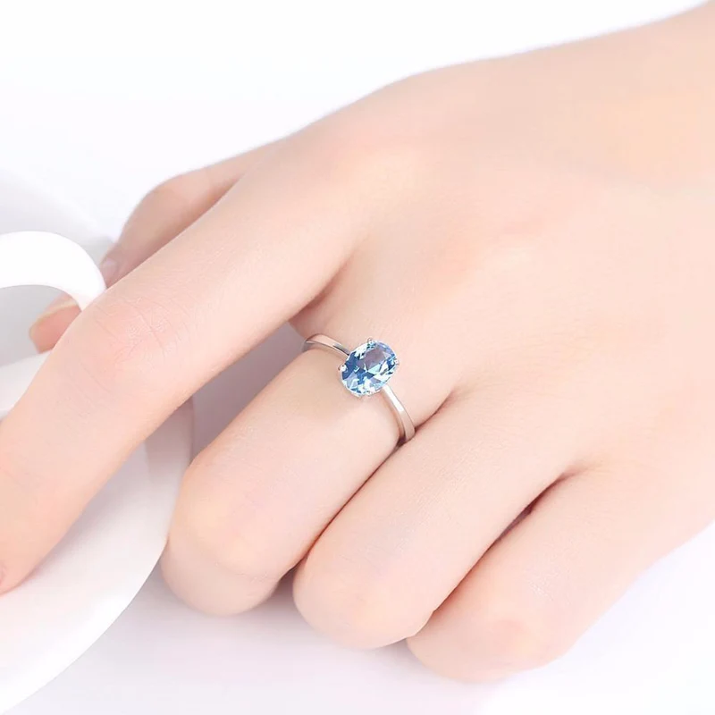 Natürliche Solitaire Sky Blue Oval Topas Stein Sterling Silber Ring für Frauen Mode S925 Fine Jewelry
