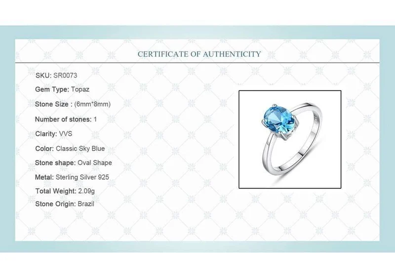 Natürliche Solitaire Sky Blue Oval Topas Stein Sterling Silber Ring für Frauen Mode S925 Fine Jewelry