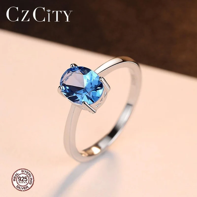 Natürliche Solitaire Sky Blue Oval Topas Stein Sterling Silber Ring für Frauen Mode S925 Fine Jewelry