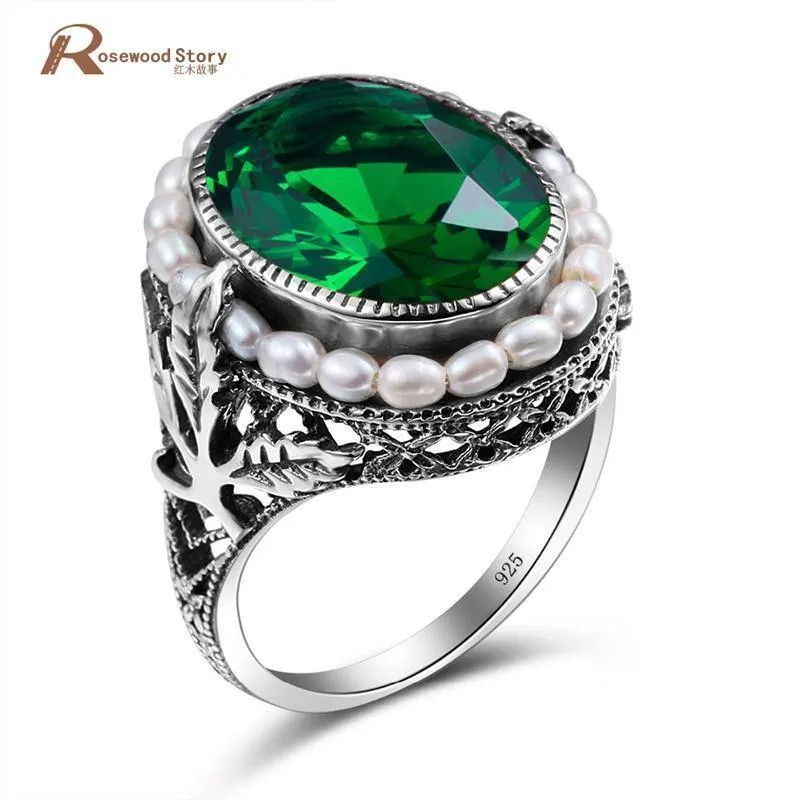 925 Sterling Silber Ring Natürliche Perle Vintage Grüner Stein Kristall Ringe Schmuck für Frauen