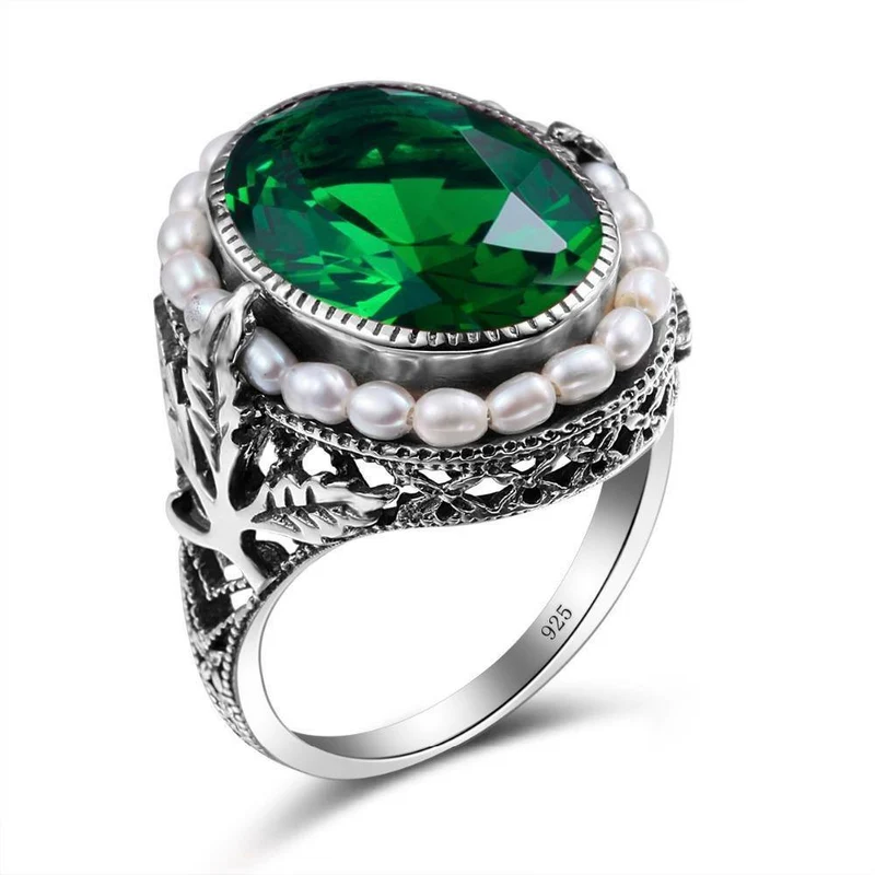 925 Sterling Silber Ring Natürliche Perle Vintage Grüner Stein Kristall Ringe Schmuck für Frauen
